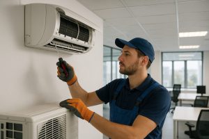 A professional technician in blue overalls and gloves working on an air conditioning unit in an office setting, representing expert service for selecting the right air conditioning company.