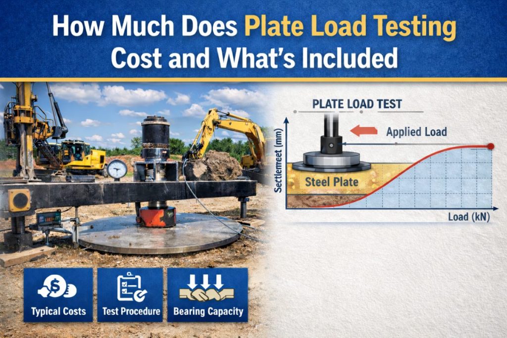 Plate load testing in progress showing steel plate, applied load, and load-settlement diagram.